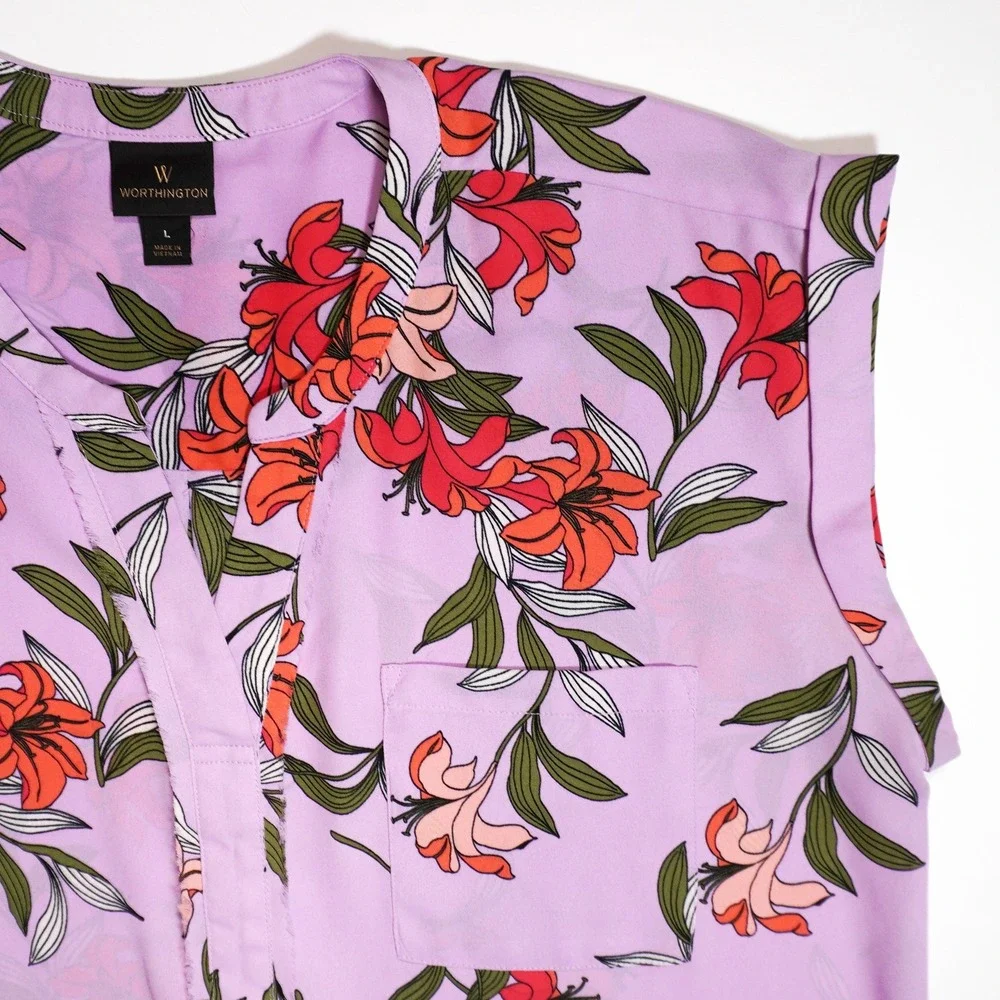 Worthington Floral Georgette L XL 1X Lilac Sleeveless Split Neck Blouse
